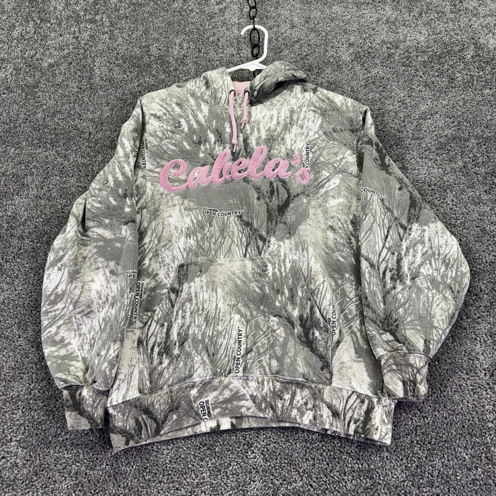 Cabela's Hoodie Womens Medium Gray Camo Fleece Pullover Logo Outdoor